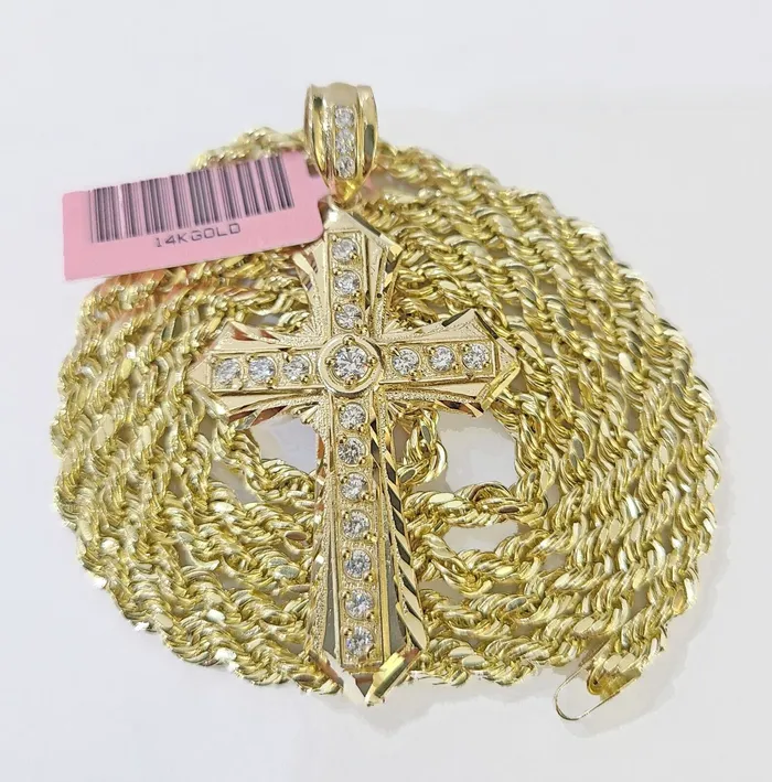 14k Yellow Gold Rope Chain CZ Cross Charm SET 5mm 22 Inch Necklace REAL GlobalWatches10 Necklaces