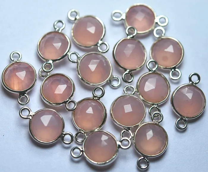 Beads Supplies USA Necklaces 925 Sterling Silver Rose Chalcedony Faceted Coins Shape Connectors 20 Piece Of 16mm