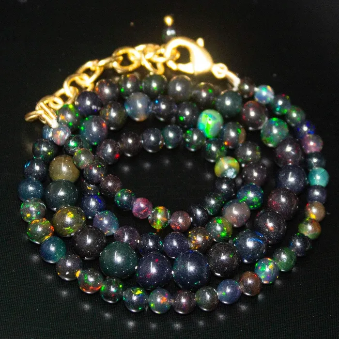 Black Ethiopian Opal Round Ball Gold Plated Gemstone Beads Necklace 4mm 7mm 18 Beads Supplies USA Necklaces