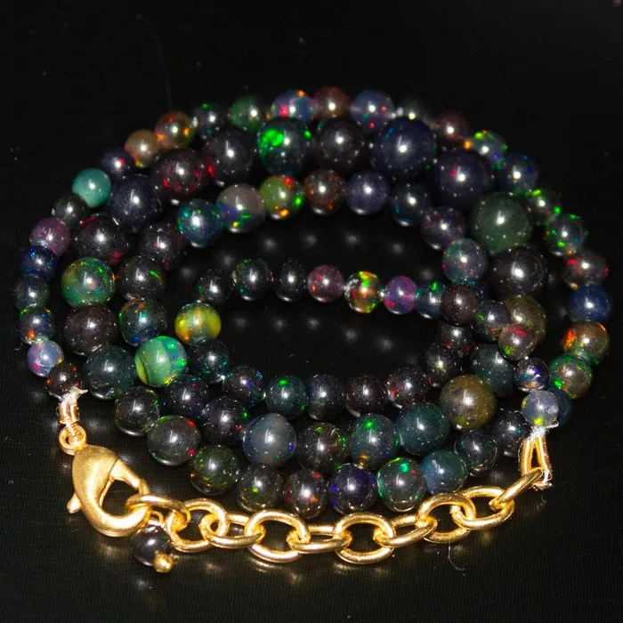 Black Ethiopian Opal Round Ball Gold Plated Gemstone Beads Necklace 4mm 7mm 18 Beads Supplies USA Necklaces
