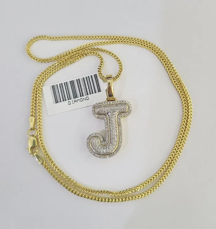 Gold and Diamond Necklaces 10K Franco Chain Diamond J Pendant Initial Charm Letter Necklace 1824 15mm