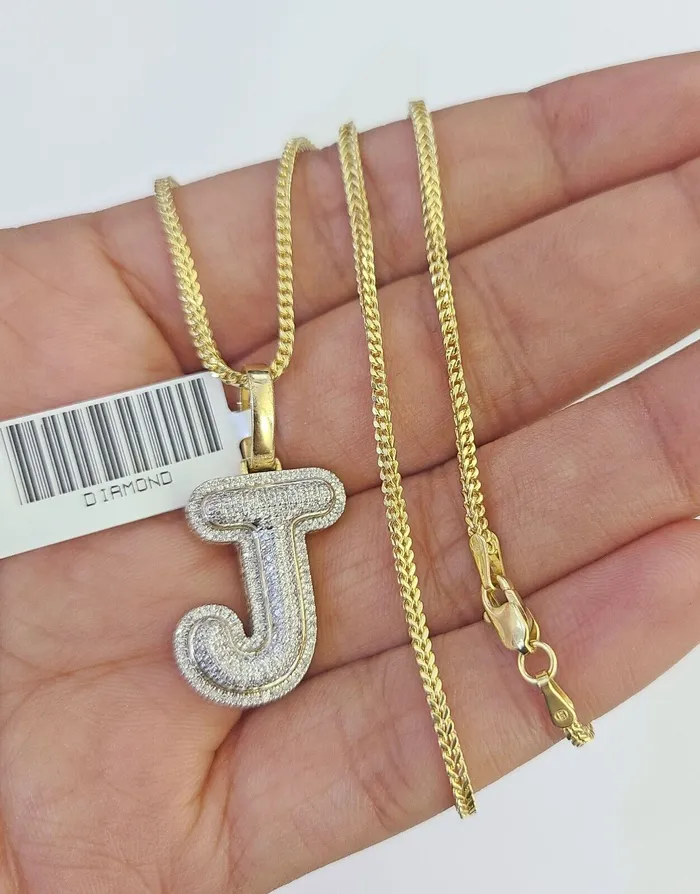 Gold and Diamond Necklaces 10K Franco Chain Diamond J Pendant Initial Charm Letter Necklace 1824 15mm