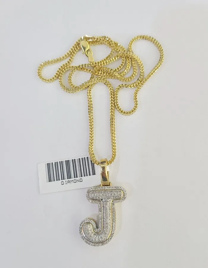 Gold and Diamond Necklaces 10K Franco Chain Diamond J Pendant Initial Charm Letter Necklace 1824 15mm