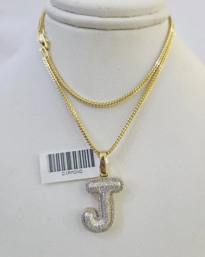 Gold and Diamond Necklaces 10K Franco Chain Diamond J Pendant Initial Charm Letter Necklace 1824 15mm