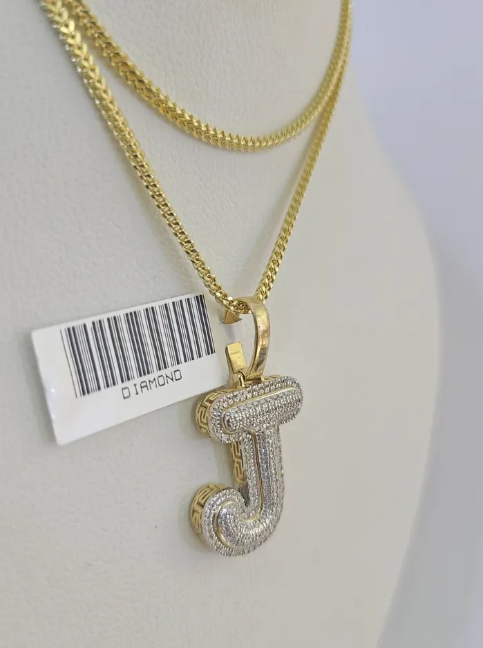 Gold and Diamond Necklaces 10K Franco Chain Diamond J Pendant Initial Charm Letter Necklace 1824 15mm