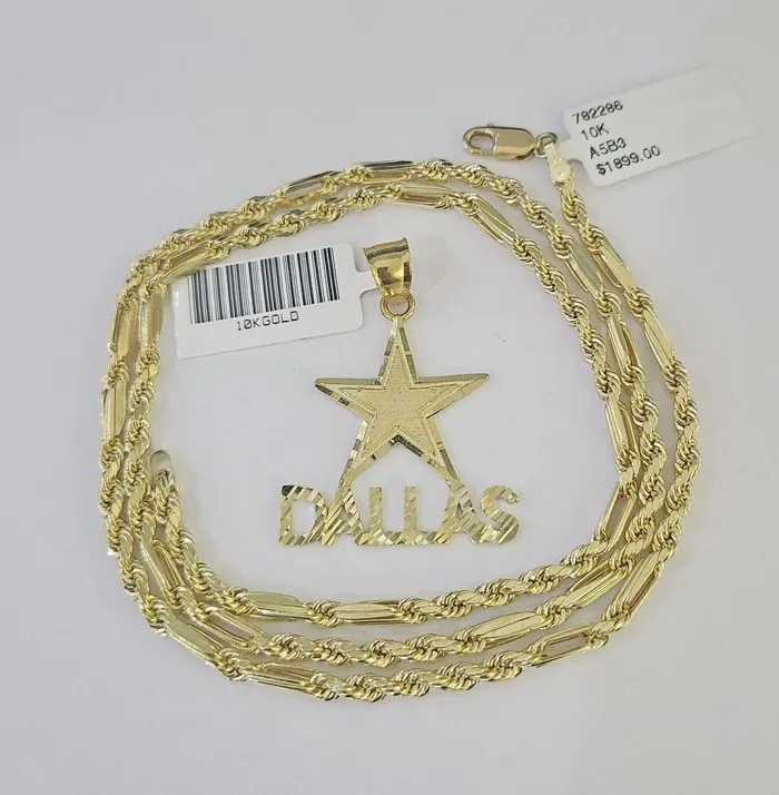 Gold and Diamond Necklaces 10k Milano Rope Chain Dallas Charm Necklace SET 3mm 18 20 22 24