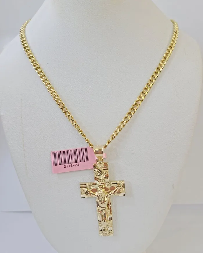 Gold and Diamond Necklaces Real 10k Yellow Gold Chain Cross Charm Set Miami Cuban Link 4mm Necklace Pendant