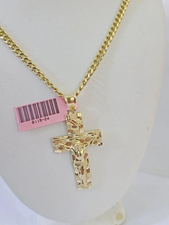 Gold and Diamond Necklaces Real 10k Yellow Gold Chain Cross Charm Set Miami Cuban Link 4mm Necklace Pendant