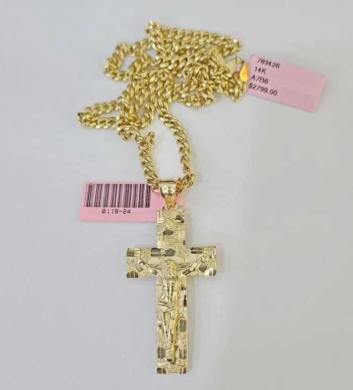 Gold and Diamond Necklaces Real 10k Yellow Gold Chain Cross Charm Set Miami Cuban Link 4mm Necklace Pendant
