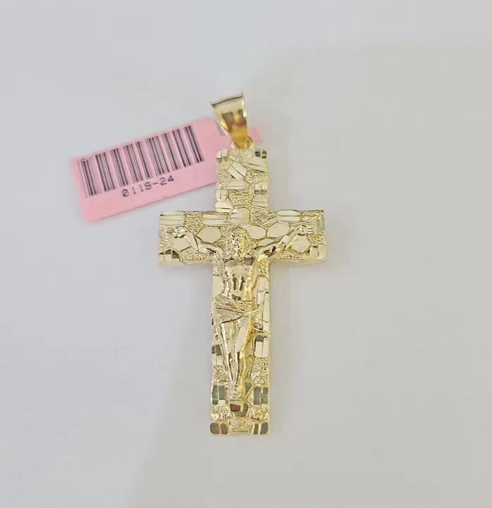 Gold and Diamond Necklaces Real 10k Yellow Gold Chain Cross Charm Set Miami Cuban Link 4mm Necklace Pendant