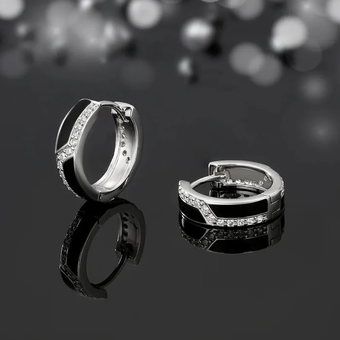 KRKC Earrings S925 Silver Iced Black Hoop Earrings in White Gold 15mm