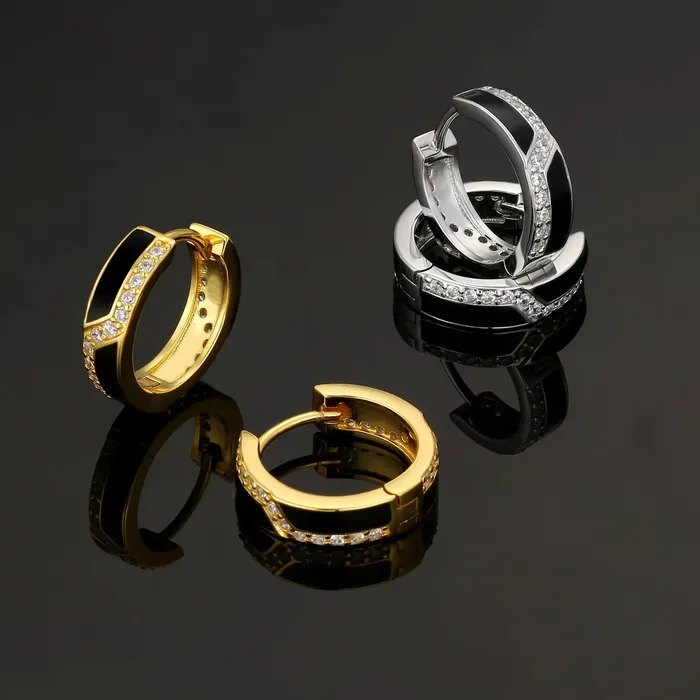 KRKC Earrings S925 Silver Iced Black Hoop Earrings in White Gold 15mm