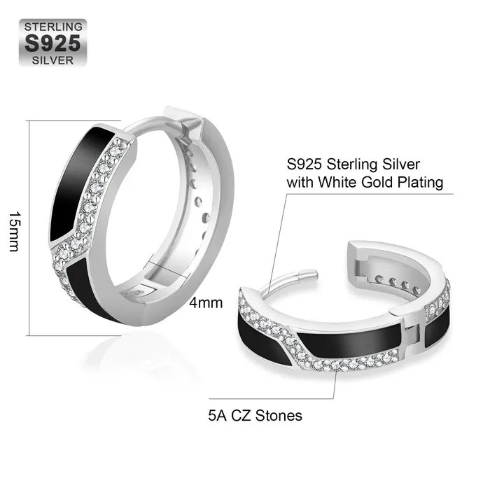 KRKC Earrings S925 Silver Iced Black Hoop Earrings in White Gold 15mm