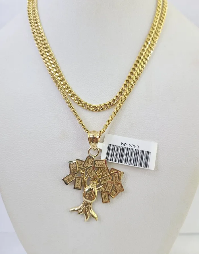 Necklaces 10K Gold Miami Cuban Chain Money Tree Charm 2030 3mm REAL Pendant Necklace Gold and Diamond