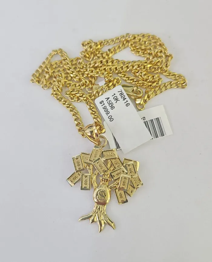 Necklaces 10K Gold Miami Cuban Chain Money Tree Charm 2030 3mm REAL Pendant Necklace Gold and Diamond
