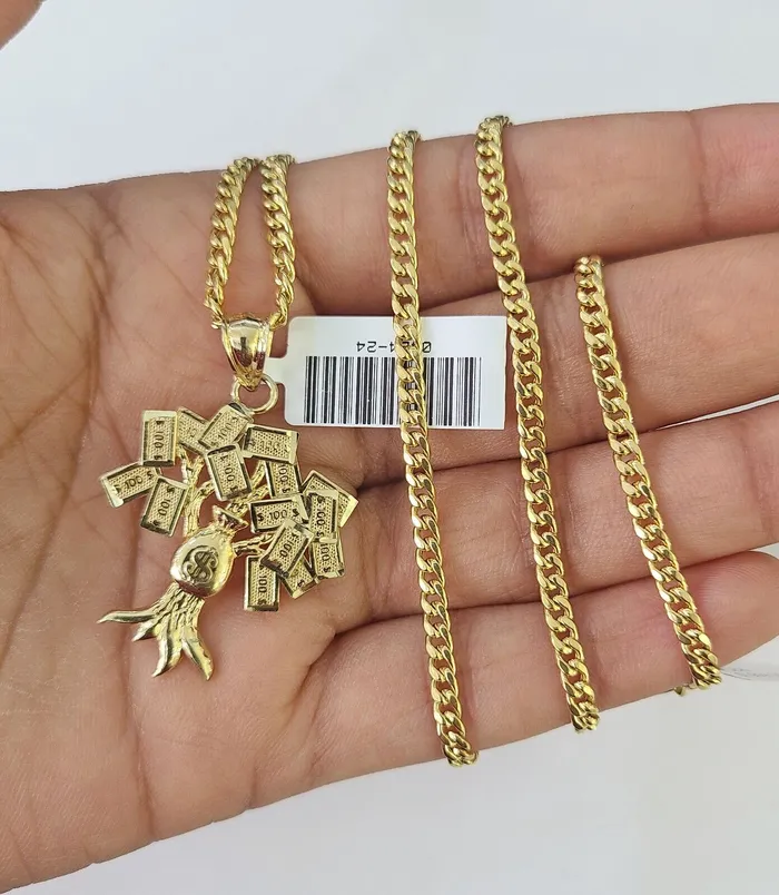 Necklaces 10K Gold Miami Cuban Chain Money Tree Charm 2030 3mm REAL Pendant Necklace Gold and Diamond