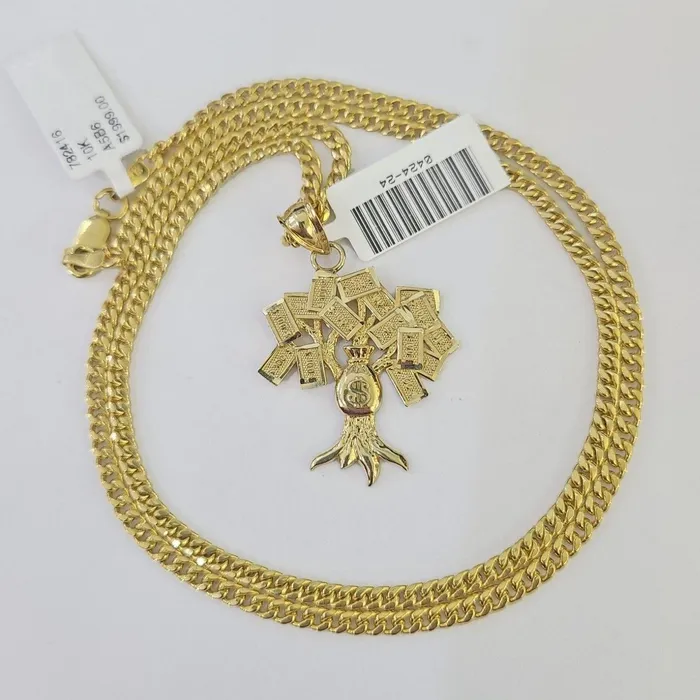 Necklaces 10K Gold Miami Cuban Chain Money Tree Charm 2030 3mm REAL Pendant Necklace Gold and Diamond