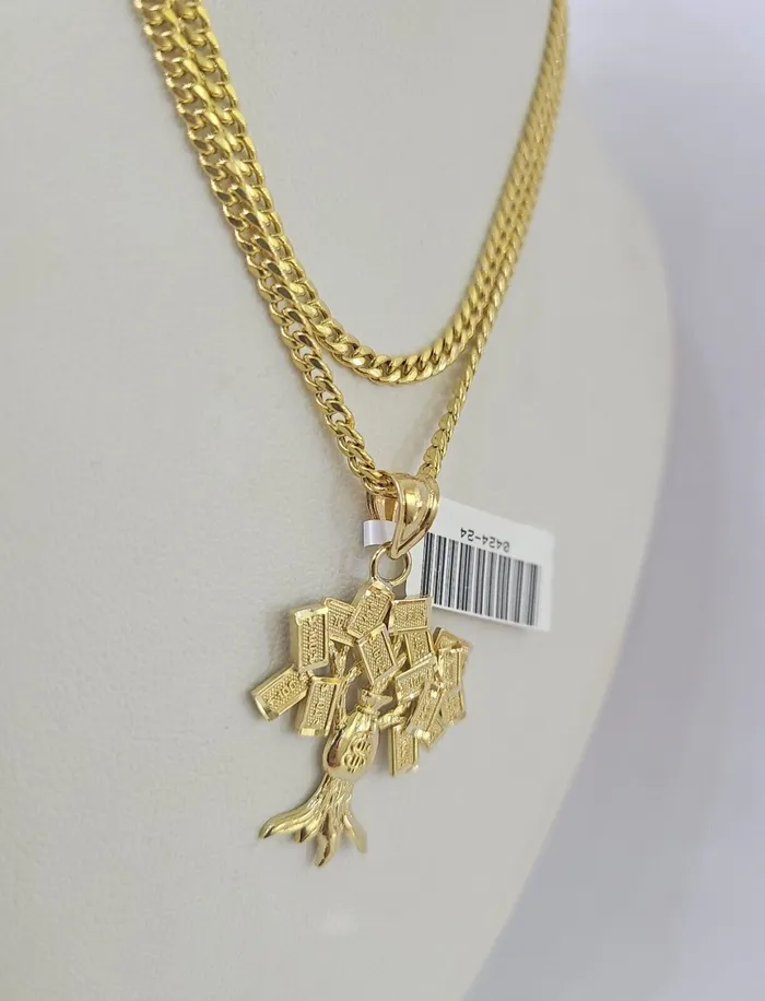 Necklaces 10K Gold Miami Cuban Chain Money Tree Charm 2030 3mm REAL Pendant Necklace Gold and Diamond