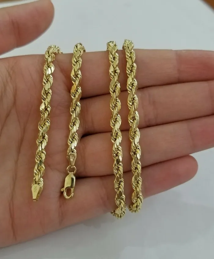 Necklaces Globalwatches10 10k Yellow Gold Rope Chain Diamond Cuts 4mm 28 Inch Necklace Real 10KT Gold mens