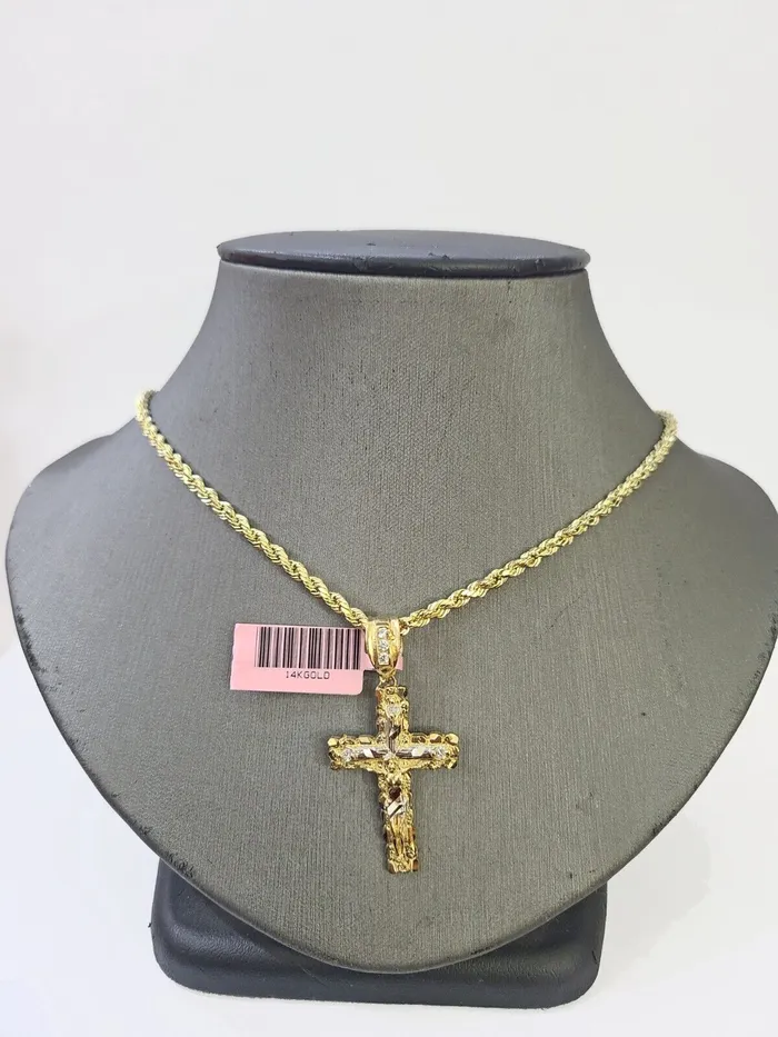 Necklaces Globalwatches10 14k Yellow Gold Rope Chain Jesus Nugget Cross Charm SET 3mm 16 Inches Necklace