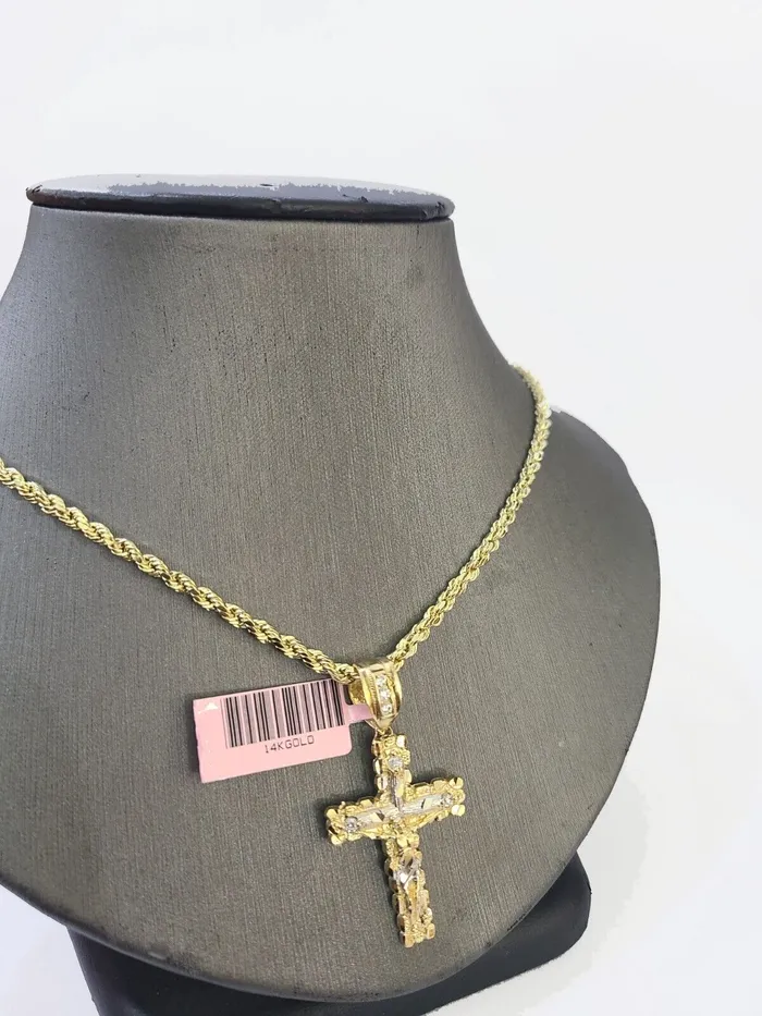 Necklaces Globalwatches10 14k Yellow Gold Rope Chain Jesus Nugget Cross Charm SET 3mm 16 Inches Necklace
