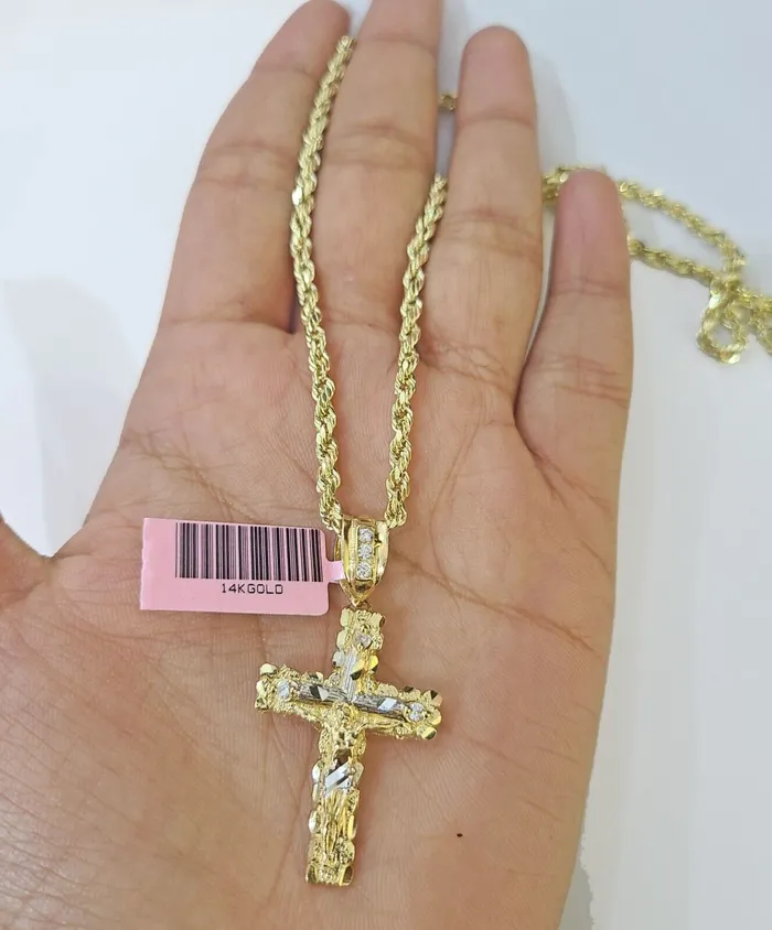 Necklaces Globalwatches10 14k Yellow Gold Rope Chain Jesus Nugget Cross Charm SET 3mm 16 Inches Necklace
