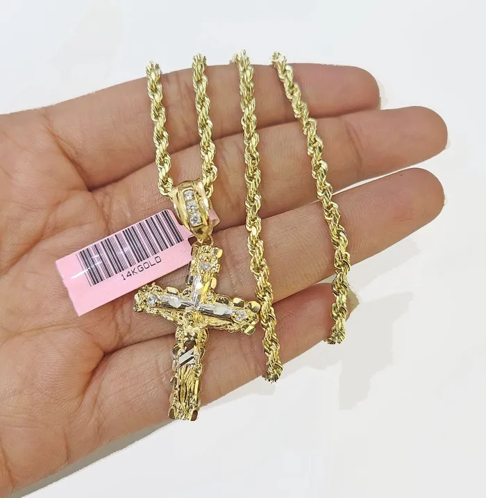 Necklaces Globalwatches10 14k Yellow Gold Rope Chain Jesus Nugget Cross Charm SET 3mm 16 Inches Necklace
