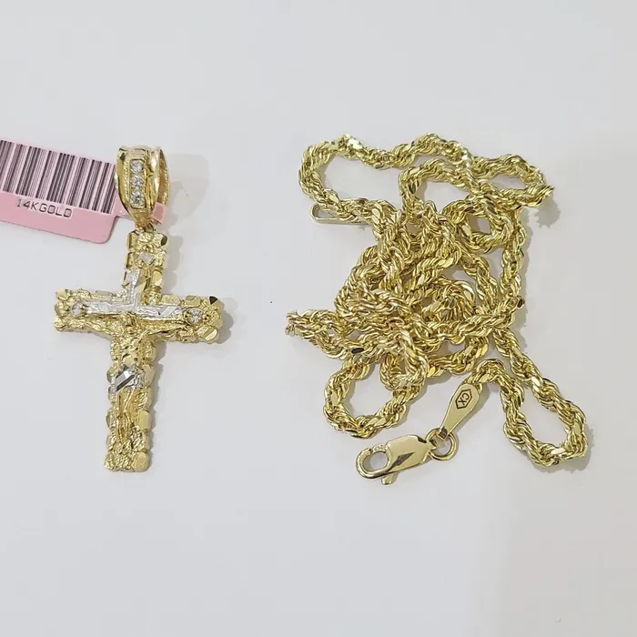 Necklaces Globalwatches10 14k Yellow Gold Rope Chain Jesus Nugget Cross Charm SET 3mm 16 Inches Necklace