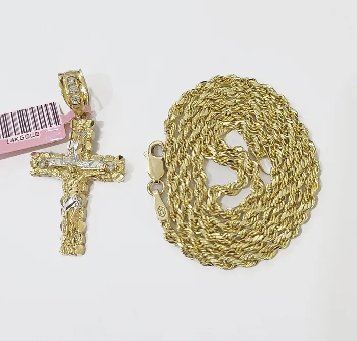 Necklaces Globalwatches10 14k Yellow Gold Rope Chain Jesus Nugget Cross Charm SET 3mm 16 Inches Necklace