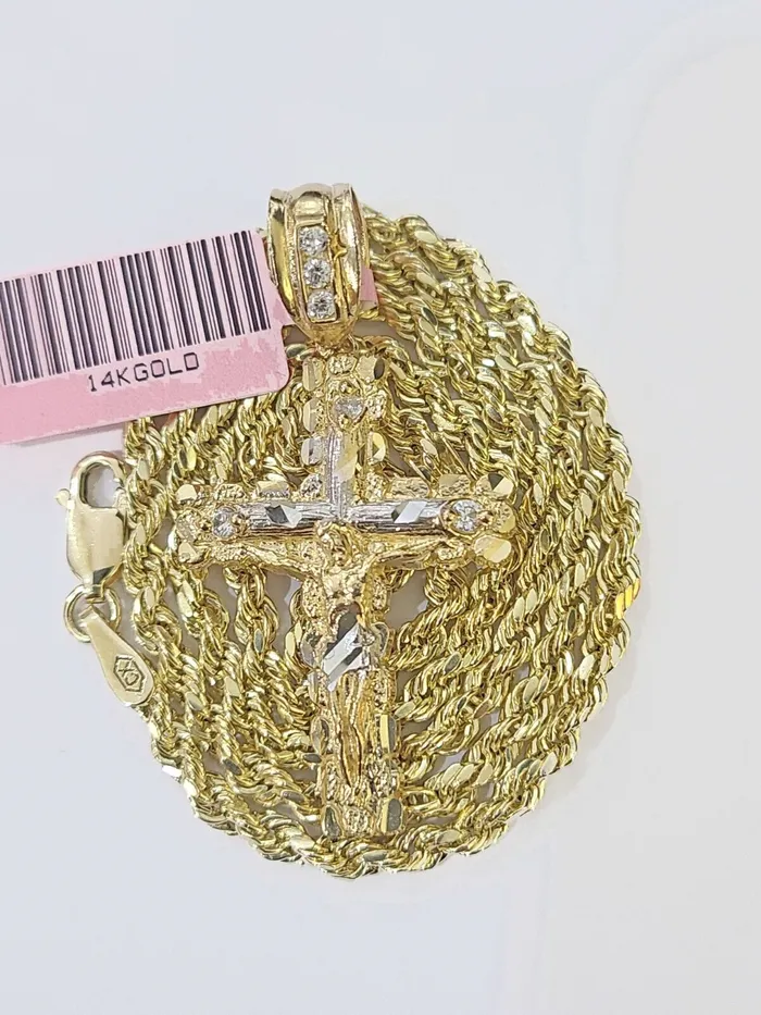 Necklaces Globalwatches10 14k Yellow Gold Rope Chain Jesus Nugget Cross Charm SET 3mm 16 Inches Necklace
