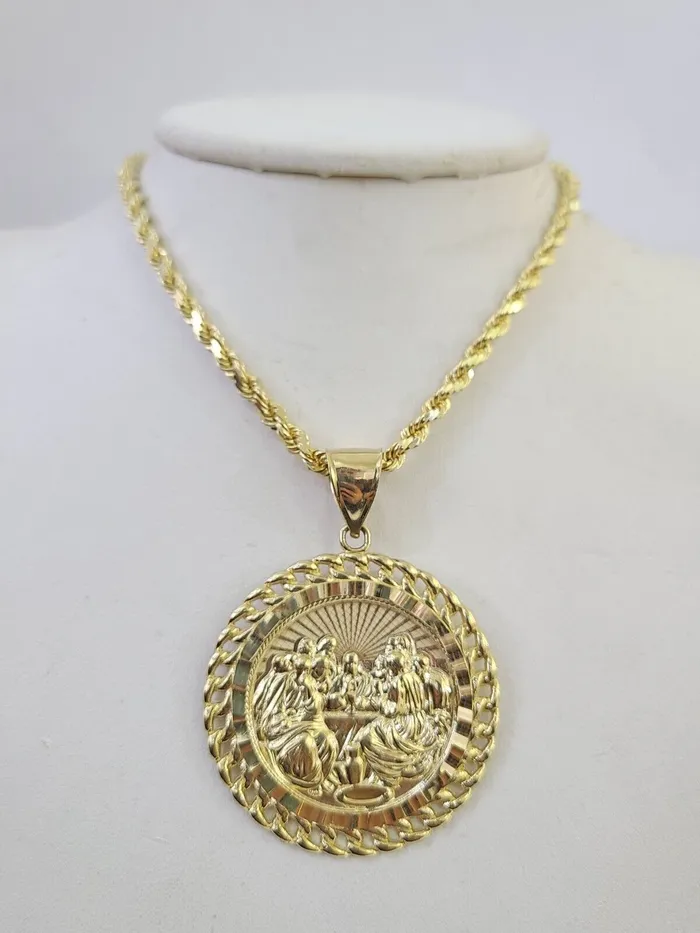 Necklaces Gold and Diamond 10k Solid Rope Chain Last Supper Charm Set 4mm 1828Inch Necklace REAL Gold