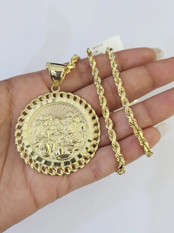 Necklaces Gold and Diamond 10k Solid Rope Chain Last Supper Charm Set 4mm 1828Inch Necklace REAL Gold
