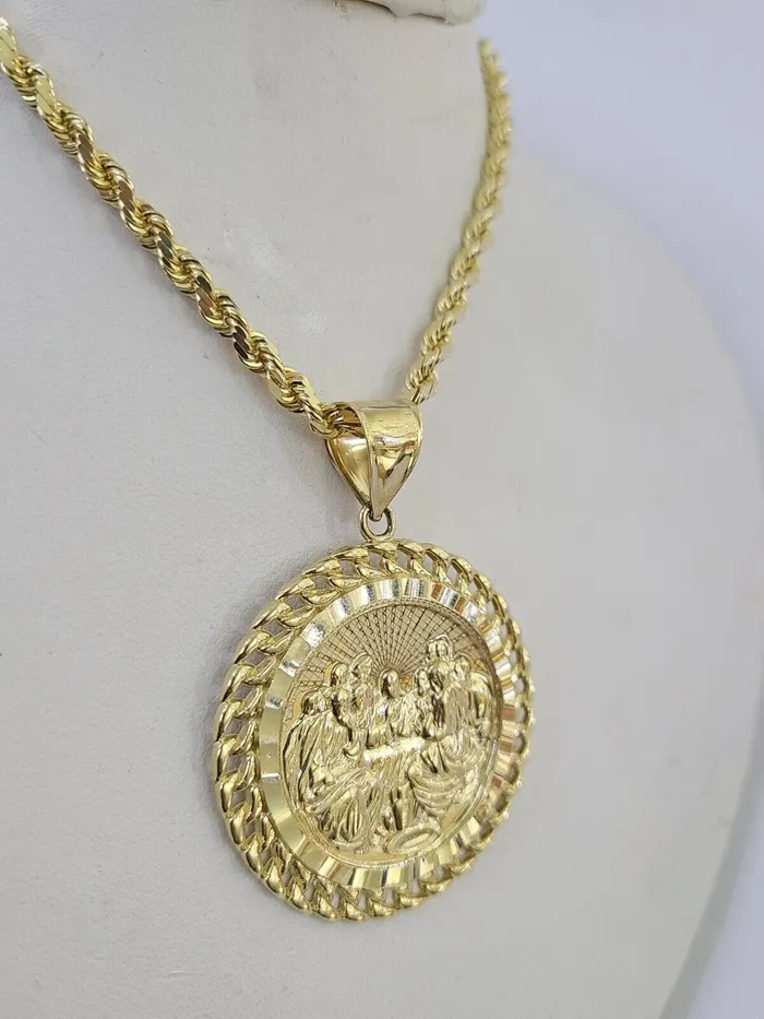 Necklaces Gold and Diamond 10k Solid Rope Chain Last Supper Charm Set 4mm 1828Inch Necklace REAL Gold