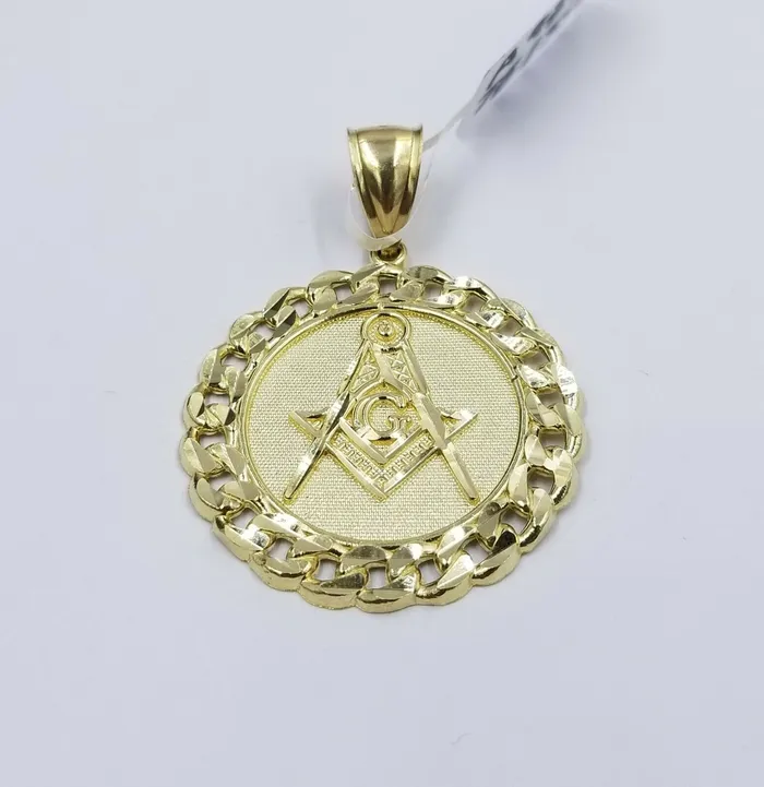 Necklaces Gold and Diamond 10K Yellow Gold Masonic Mason Charm Pendant Miami Cuban Design Diamond Cut 15