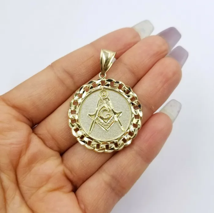 Necklaces Gold and Diamond 10K Yellow Gold Masonic Mason Charm Pendant Miami Cuban Design Diamond Cut 15