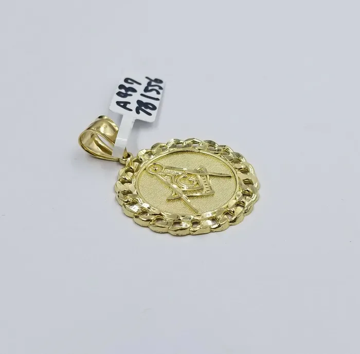 Necklaces Gold and Diamond 10K Yellow Gold Masonic Mason Charm Pendant Miami Cuban Design Diamond Cut 15