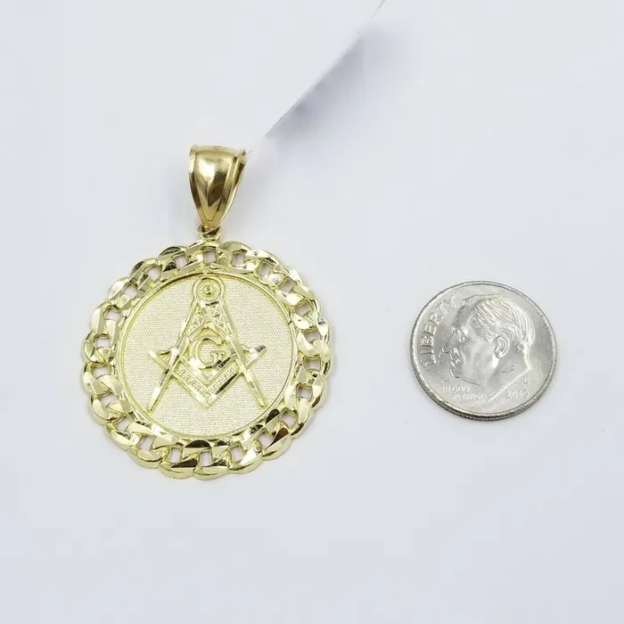 Necklaces Gold and Diamond 10K Yellow Gold Masonic Mason Charm Pendant Miami Cuban Design Diamond Cut 15