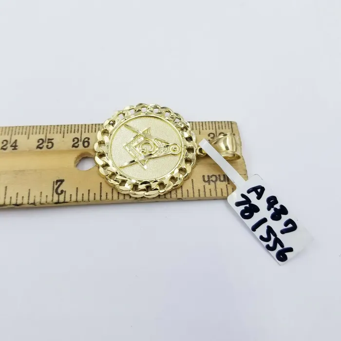 Necklaces Gold and Diamond 10K Yellow Gold Masonic Mason Charm Pendant Miami Cuban Design Diamond Cut 15