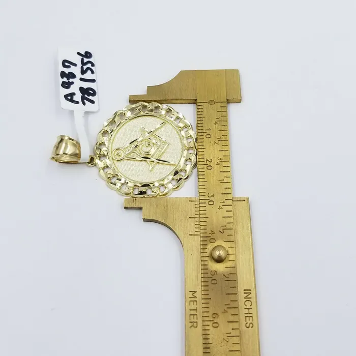 Necklaces Gold and Diamond 10K Yellow Gold Masonic Mason Charm Pendant Miami Cuban Design Diamond Cut 15
