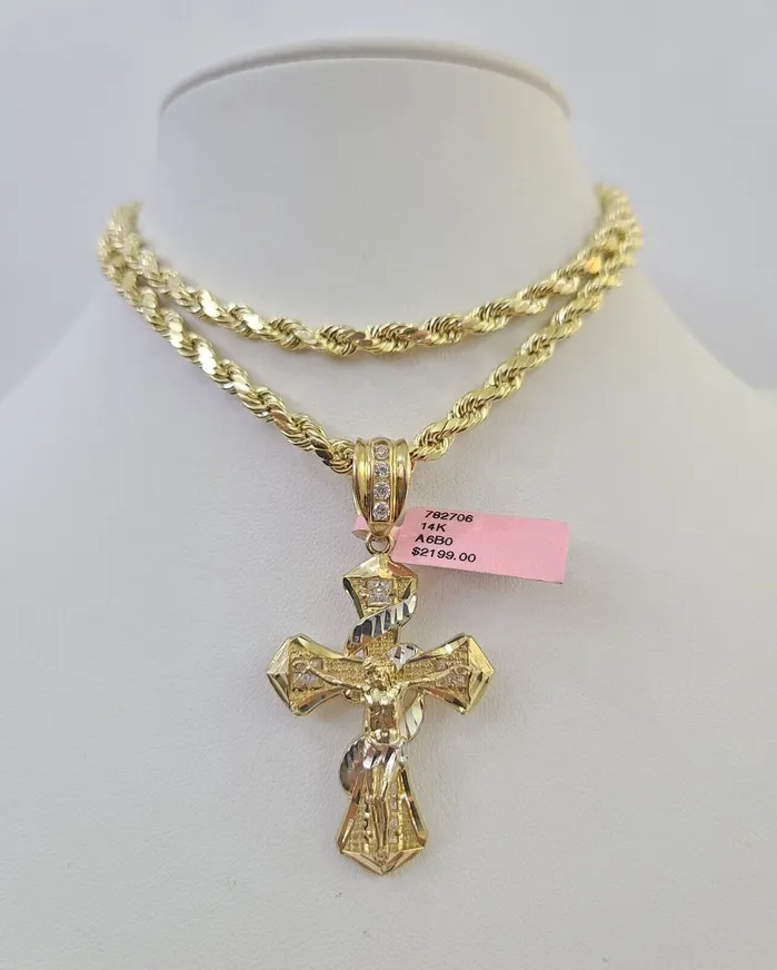Necklaces Gold and Diamond Real 14k Rope Chain Jesus Cross Charm Yellow Gold Set 5mm 2030 Necklace