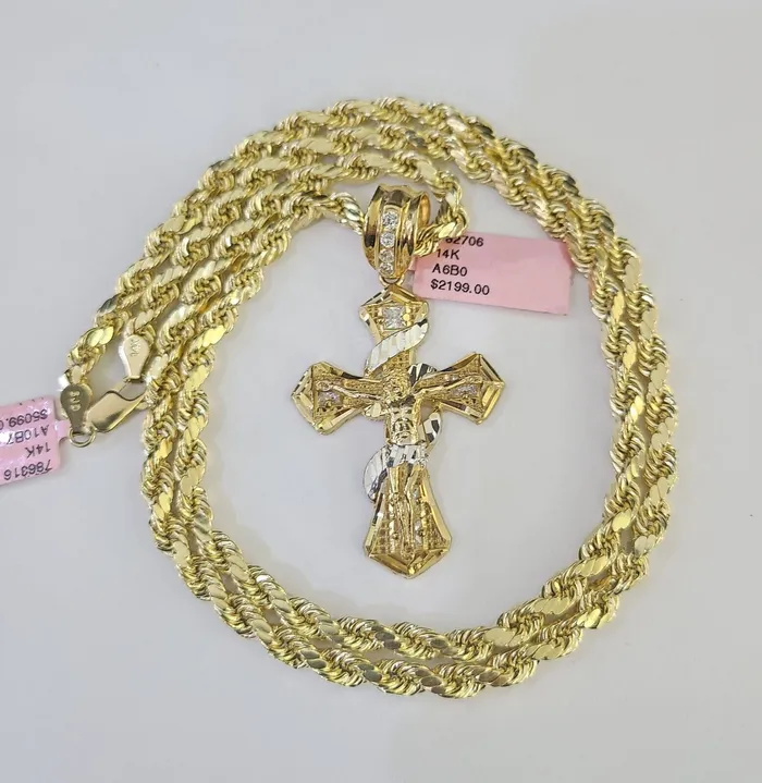 Necklaces Gold and Diamond Real 14k Rope Chain Jesus Cross Charm Yellow Gold Set 5mm 2030 Necklace