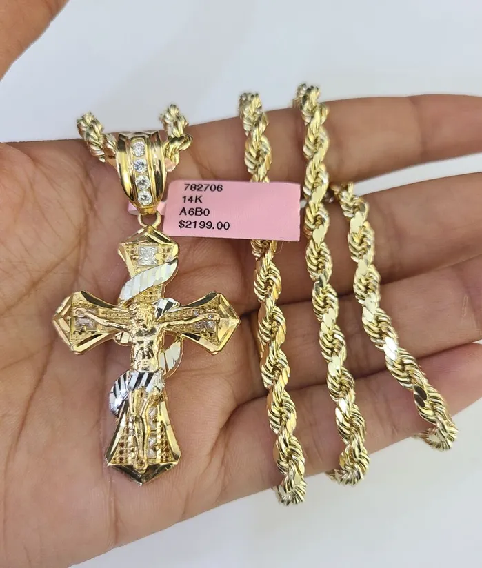Necklaces Gold and Diamond Real 14k Rope Chain Jesus Cross Charm Yellow Gold Set 5mm 2030 Necklace