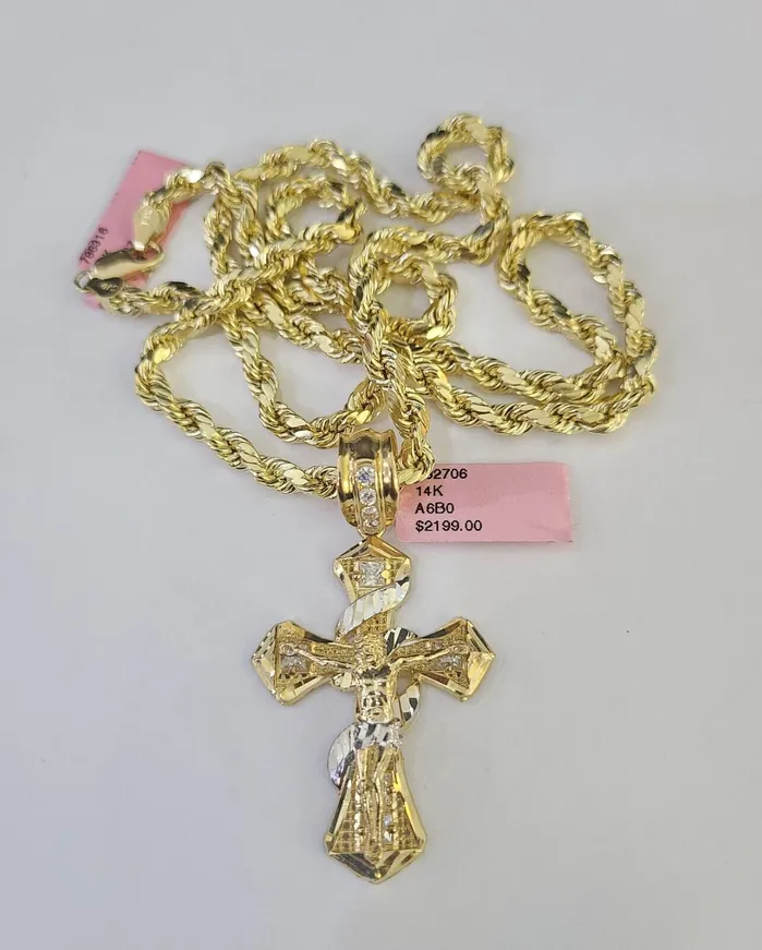 Necklaces Gold and Diamond Real 14k Rope Chain Jesus Cross Charm Yellow Gold Set 5mm 2030 Necklace