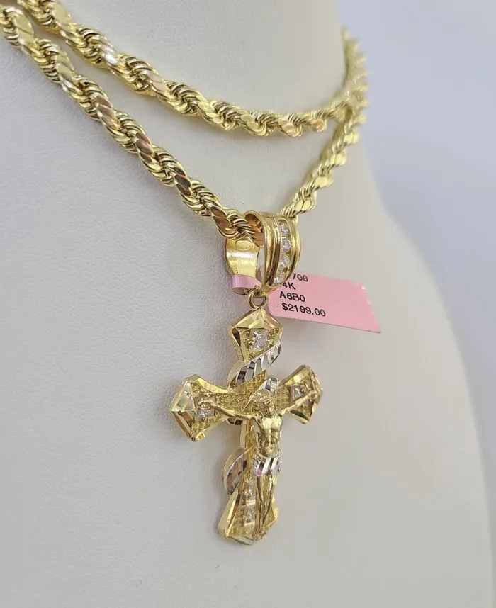 Necklaces Gold and Diamond Real 14k Rope Chain Jesus Cross Charm Yellow Gold Set 5mm 2030 Necklace