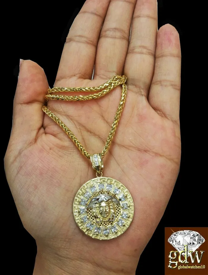 Necklaces Real 10K Yellow Gold 6mm 30 Palm Chain with head Charm Pendant Gold and Diamond
