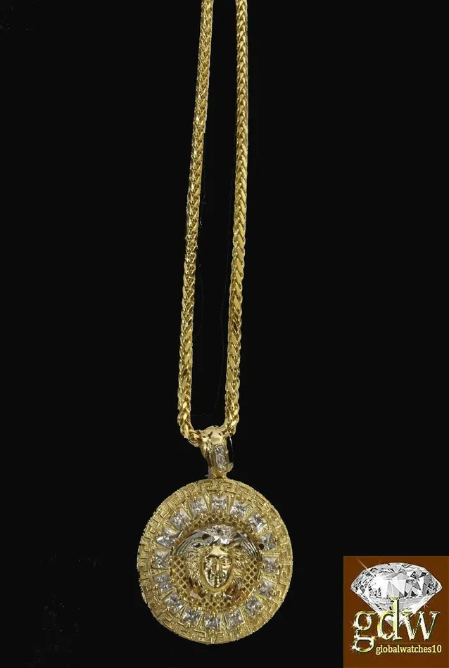 Necklaces Real 10K Yellow Gold 6mm 30 Palm Chain with head Charm Pendant Gold and Diamond