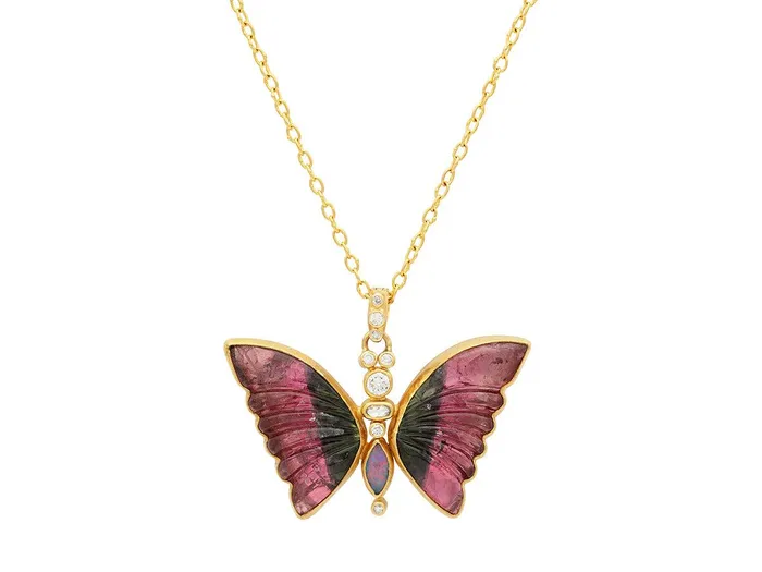 GURHAN Butterfly Gold Tourmaline Pendant Necklace 34x45mm Carved GG GOLD OOAK Necklaces