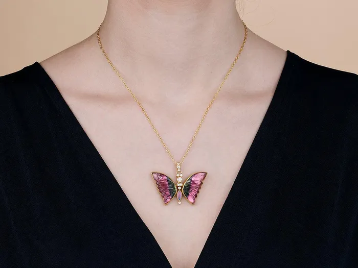 GURHAN Butterfly Gold Tourmaline Pendant Necklace 34x45mm Carved GG GOLD OOAK Necklaces GURHAN Butterfly Gold Tourmaline Pendant Necklace 34x45mm Carved GG GOLD OOAK Necklaces