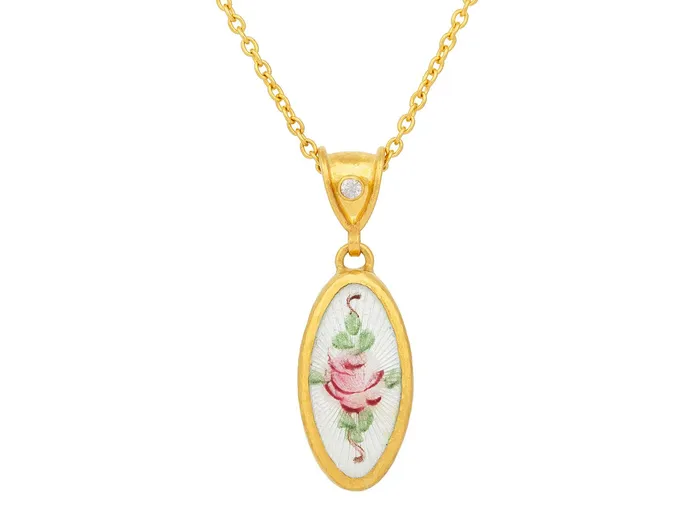 Necklaces GG GOLD OOAK GURHAN Antiquities Gold Guilloche Enamel Pendant Necklace 20x10mm Floral Motif