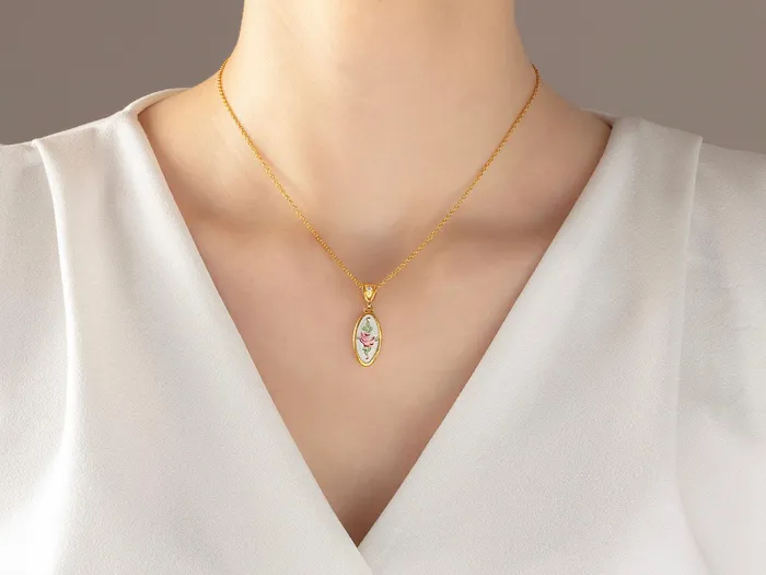 Necklaces GG GOLD OOAK GURHAN Antiquities Gold Guilloche Enamel Pendant Necklace 20x10mm Floral Motif Necklaces GG GOLD OOAK GURHAN Antiquities Gold Guilloche Enamel Pendant Necklace 20x10mm Floral Motif